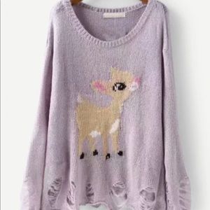 Distressed Bambi Crew Neck Knit Sweater Purple